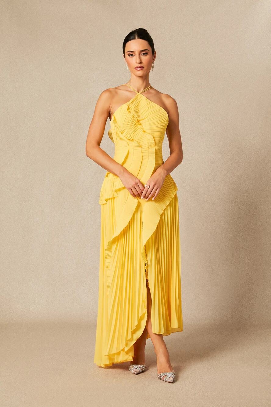 Sunfere Yellow Halter Midi Dress Nina Pleated Wedding Guest New With Tags Large